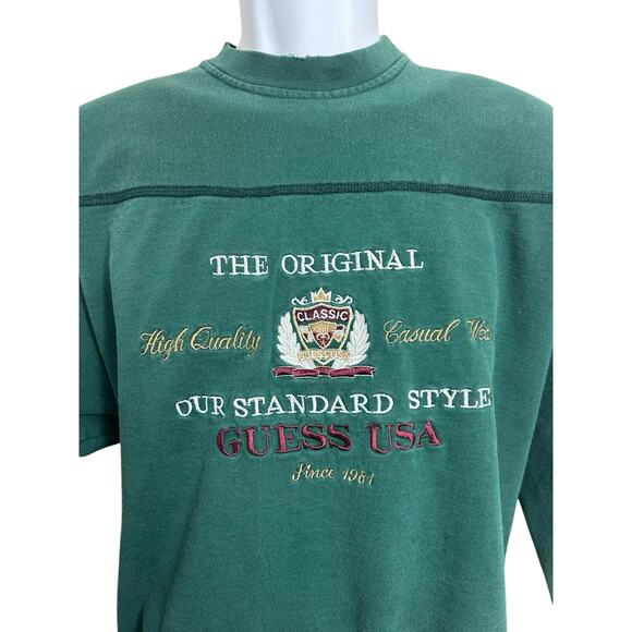 Vintage Guess Dark Green Sweatshirt Sz L Embroidered Made USA Pullover 90's - Picture 2 of 14